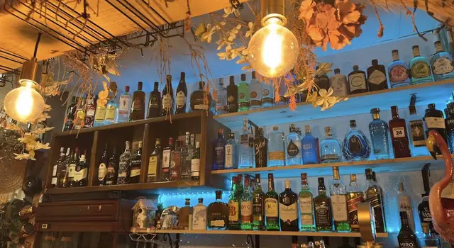 Estantes de la barra con botellas de ginebra, whisky y vermut iluminadas en azul, bajo flores secas y bombillas