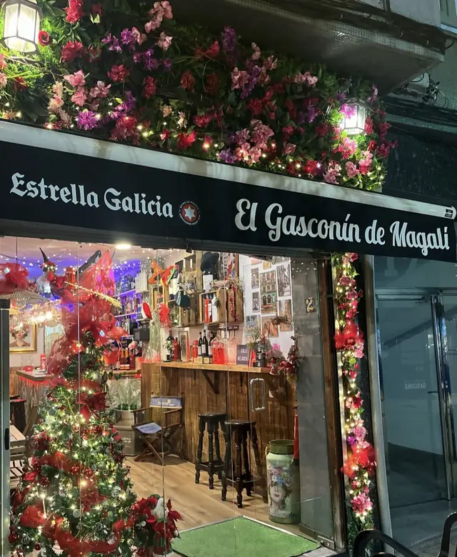 Fachada de El Gasconín de Magalí con flores rosas y luces sobre el toldo, decorada para Navidad